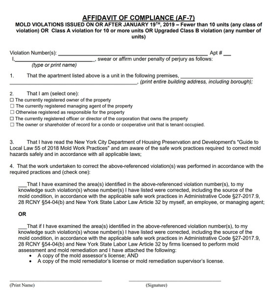 AFFIDAVIT OF COMPLIANCE HPD NYC FORM AF-7 HPD NYC