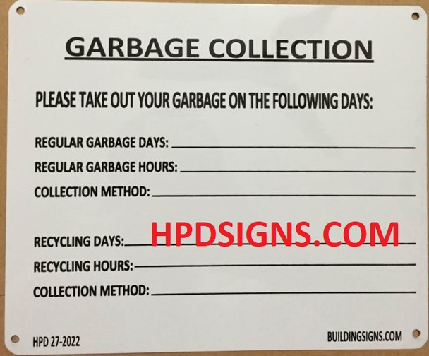 NYC HPD GARBAGE COLLECTION SIGN