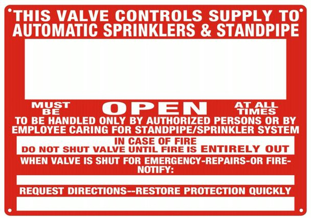 RED THIS VALVE CONTROLS SUPPLY TO AUTOMATIC SPRINKLERS & STANDPIPE HPD SIGN