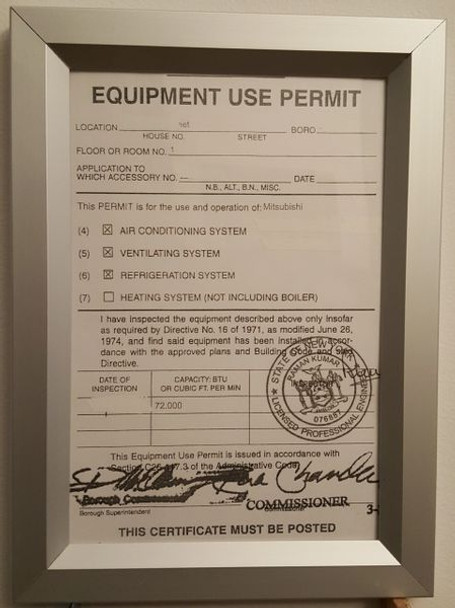 Equipment Use Permit Certificate visits frame NYC (HEAVY DUTY) (PERMIT FRAMES )