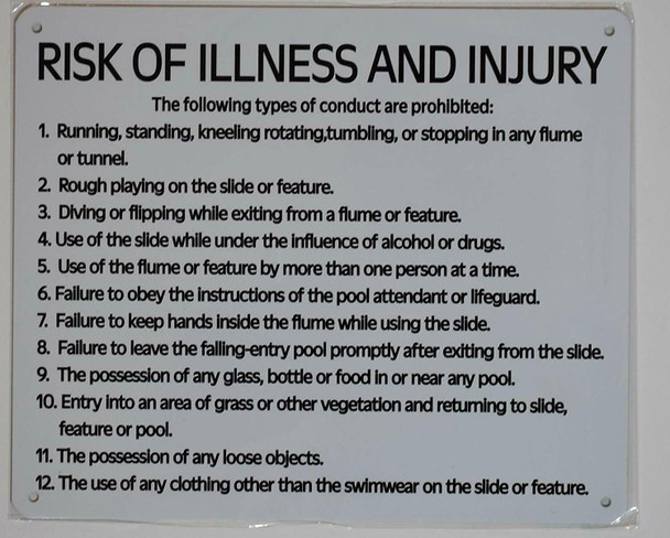 Pool Risk of Illness and Injury Notice Sign , with Symbol