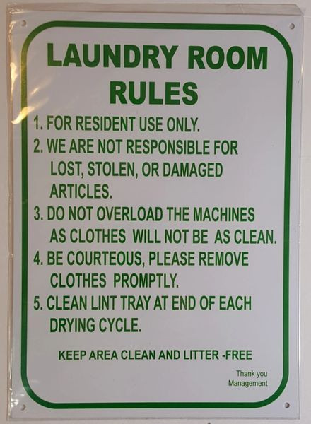 LAUNDRY ROOM RULES SIGN WHITE ALUMINUM