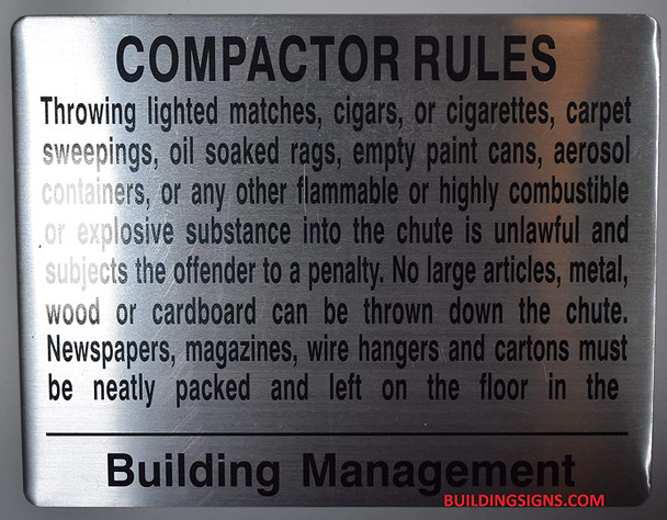 Compactor Rules Sign (Brush Silver, Aluminum, Double Sided Tape, Size 8.5x11)