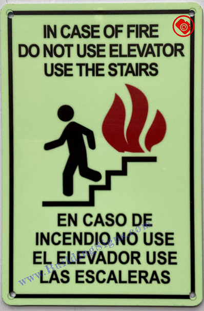 Photoluminescent IN CASE OF FIRE USE STAIRS ENGLISH/SPANISH SIGN