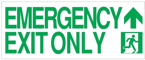 GLOW IN THE DARK HIGH INTENSITY SELF STICKING PVC GLOW IN THE DARK SAFETY GUIDANCE SIGN - "EMERGENCY EXIT ONLY" SIGN 8X19.9 WITH RUNNING MAN AND UP ARROW