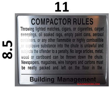 Compactor Rules Sign (Brush Silver, Aluminum, Double Sided Tape, Size 8 ...