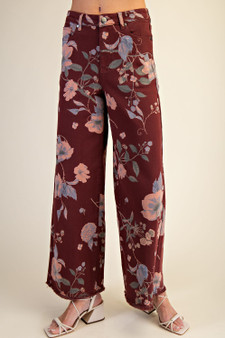Easel Floral Wide Leg Jean Burgundy