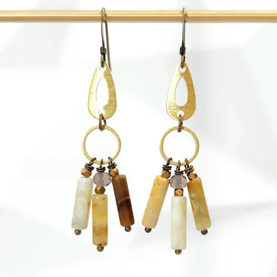 Brown Agate Textured Brass Chandelier Earrings