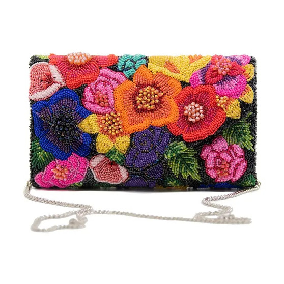 Senv Fully Beaded Raised Flowers Purse