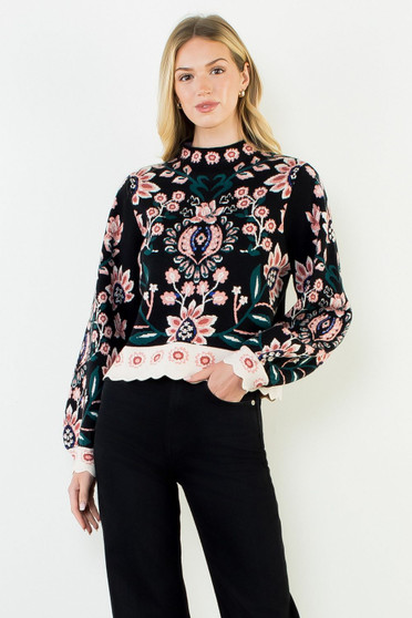 High Neck Floral Sweater