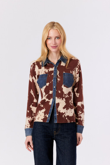 J Society 100% Cotton Denim Detail Western Top Cow Print
