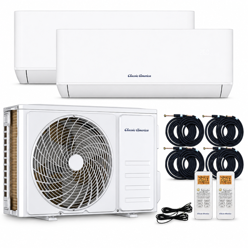 Vtronix Classic America DUET Series 18,000 BTU Outdoor Unit and Two 9000 BTU Mini Split Indoor Air Handler Dual Zone, Wall-Mounted, Quiet Operation, Cooling & Heating, 24.5 SEER2