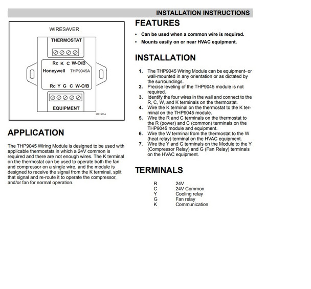 Thp9045a1023 U Wiresaver Wiring Module For Honeywell Wi Fi And Prestige Thermostats Acr4sale