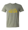 A sage green t-shirt with the van cafe logo in yellow