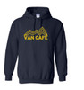 A blue hooded sweatshirt with the van cafe logo in yellow