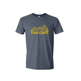 A heather blue t-shirt with the van cafe logo in yellow