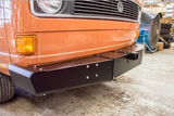 Orange VW vanagon with Rocky Mountain Westy Twin Peaks front bumper with optional receiver hitch installed
