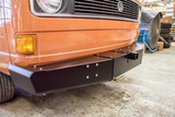 Twin Peaks Front Bumper Receiver Hitch mounted on an orange vw vanagon