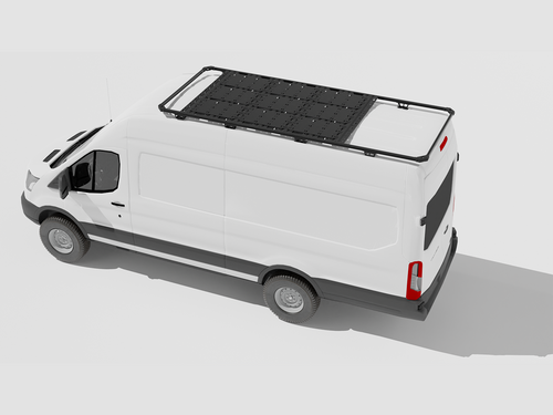 Van Cafe Rooftop Deck Summit Package on a white Ford Transit front mounted position
