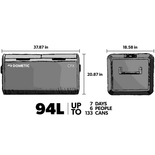 Dimensions sketch view of Dometic CFX3 95-liter Dual Zone Powered Cooler