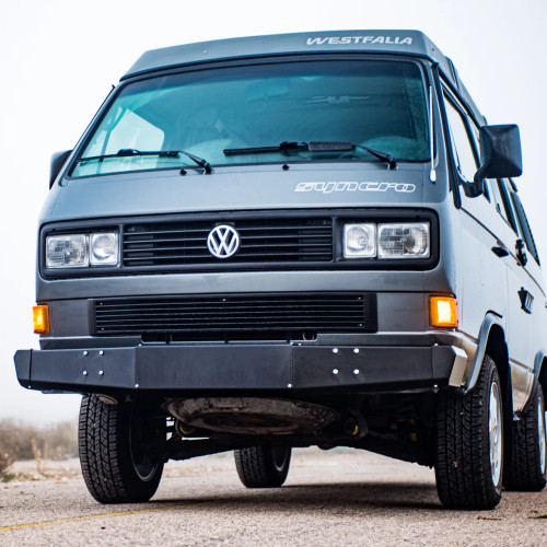 Front view of grey VW Syncro Westfalia with Rocky Mountain Westy Front Twin Peaks bumper installed Front view of grey VW Syncro Westfalia with Rocky Mountain Westy Front Twin Peaks bumper installed