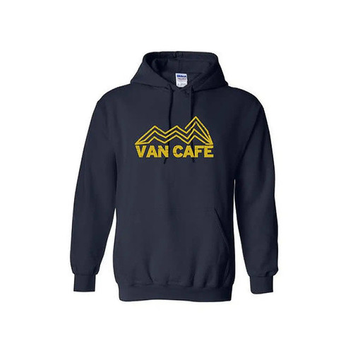 A blue hooded sweatshirt with the van cafe logo in yellow