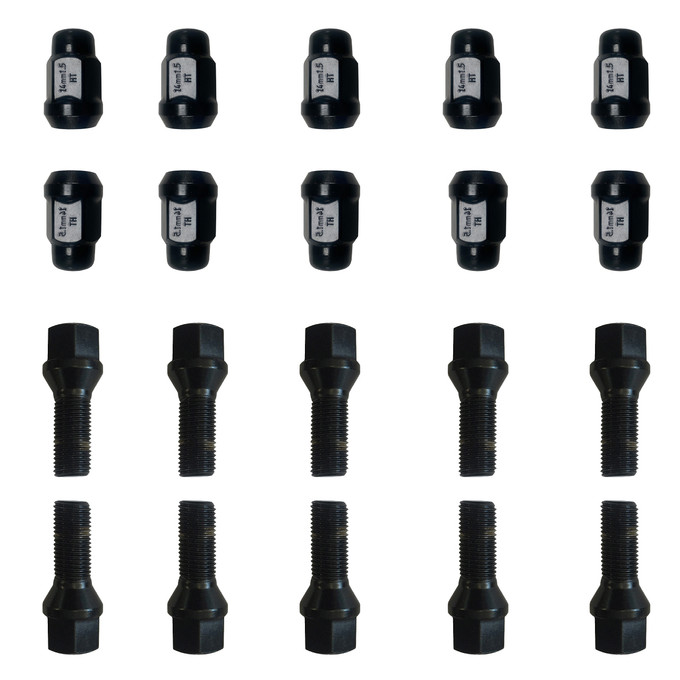 Set of ten black lug bolts and ten black lug nuts for VW Vanagon aftermarket alloy wheels
