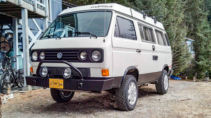White VW Westfalia with Rocky mountain westy grille guard for go westy plate bumper