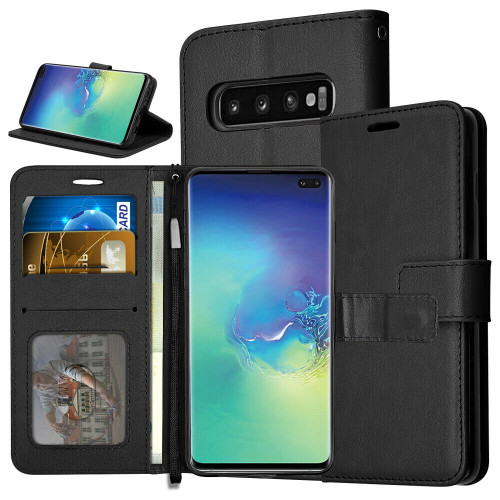 Samsung Galaxy  S10 Plus Black Leather Wallet Case Cover Stand