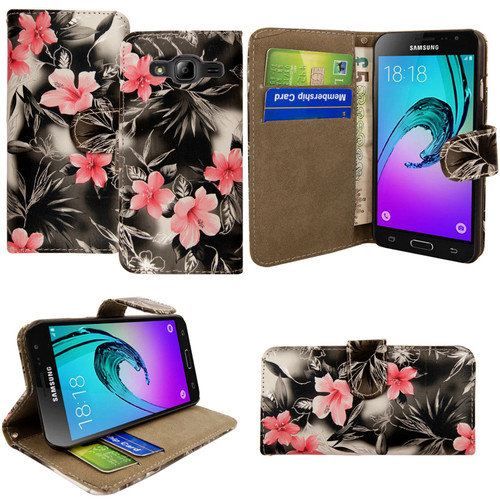 Samsung Galaxy J3  Pink Flower on Dark Grey  Magnetic wallet Case
