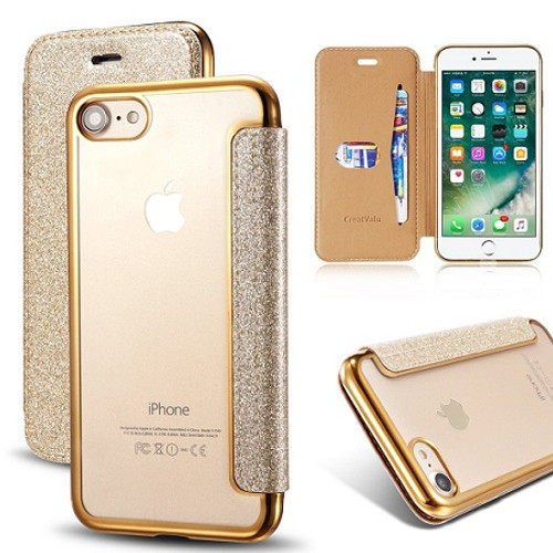 Samsung Galaxy S6 Edge Gold Glitter Clear Back Leather Wallet Case