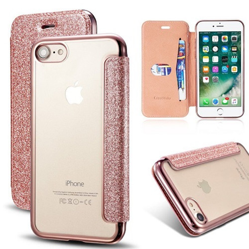 Samsung Galaxy S8 Plus Rose Gold Glitter Clear Back Leather Wallet Case
