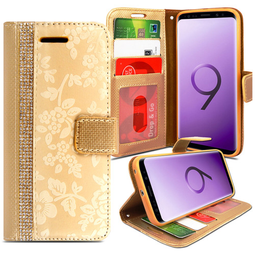 Samsung Galaxy S9 Gold Damask Leather wallet  Case