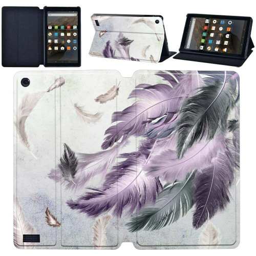 Amazon Kindle Fire HD 10 9th Gen Purple And Grey Feather  Flip Smart Case Stand Cover
