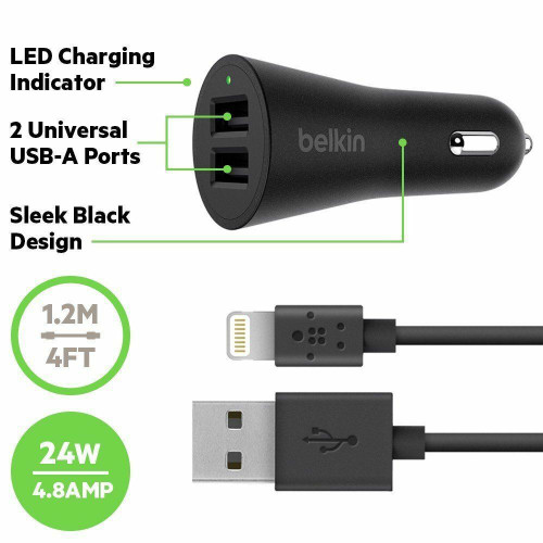 Belkin Dual USB 4.8amp Car Charger for iPhone 7 7/6 Plus 6 6s iPad Air Pro mini