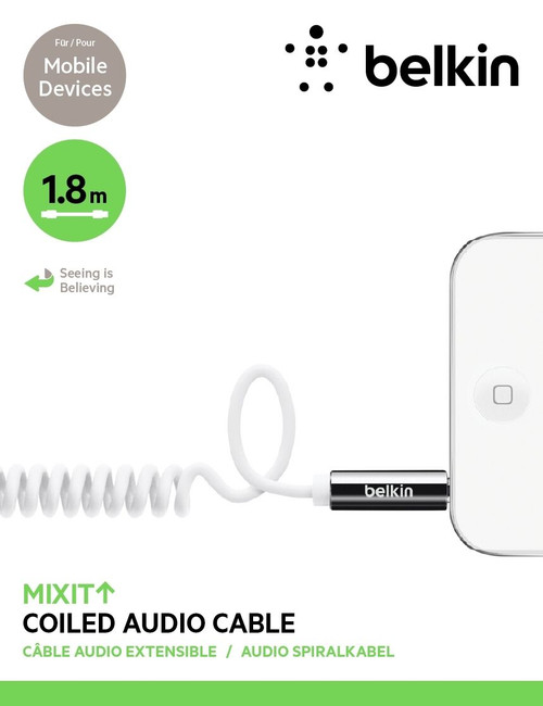 Belkin MixIt 3.5MM Audio Coiled Cable AUX for iPhone Smartphone Tablet 1.8m WHT
