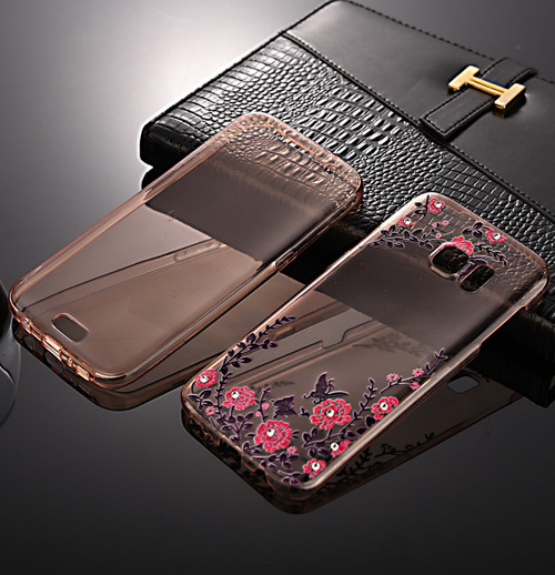 Front + back 360 TPU Bling Protective Rose Gold with Pink Flower Gel Case for Samsung J3