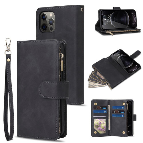 Black Zip Wallet Case Leather Flip Cover For iPhone 14 plus