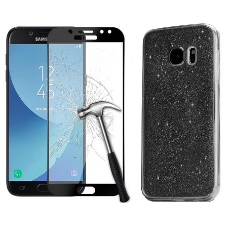 Samsung Galaxy J3 2017 Sparkling Black  Ultra Slim Gel Case Cover + Tempered Glass