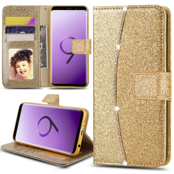 Samsung Galaxy S7 Edge Gold glitter Stand Wallet Case