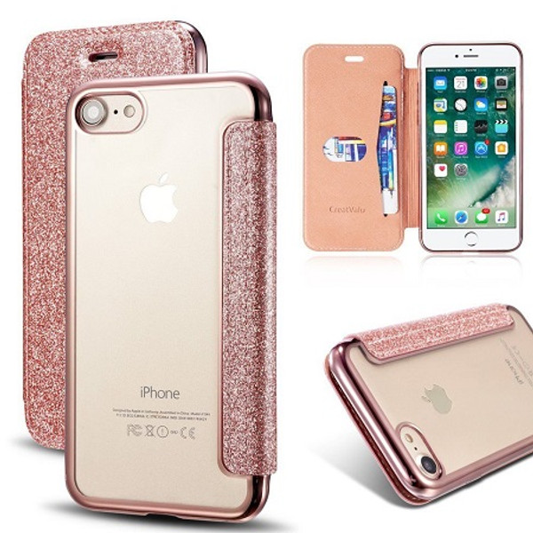 Samsung Galaxy S7 Rose Gold Glitter Clear Back Leather Wallet Case
