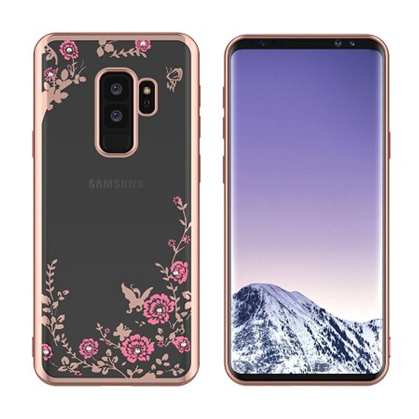 Samsung Galaxy S9 Plus Shockproof Gel Bling Pink Flower Rose Gold Bumper case