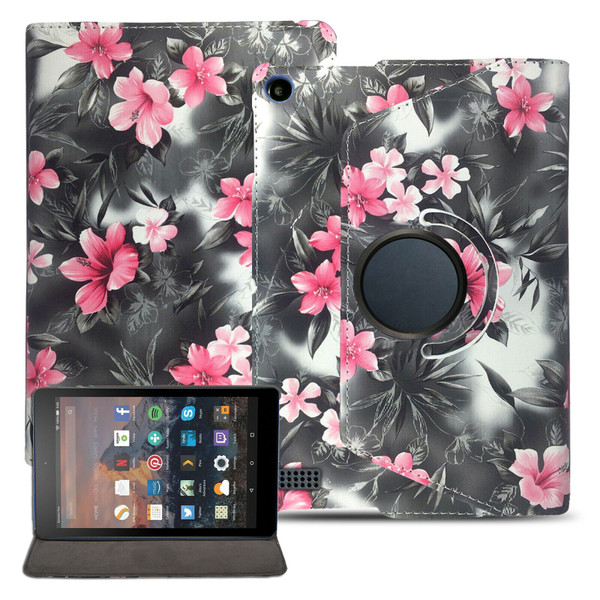 Amazon Kindle Fire HD 7 5th Gen 2015  360 Pink Flower on Dark Grey  Smart Leather Stand Wallet Case