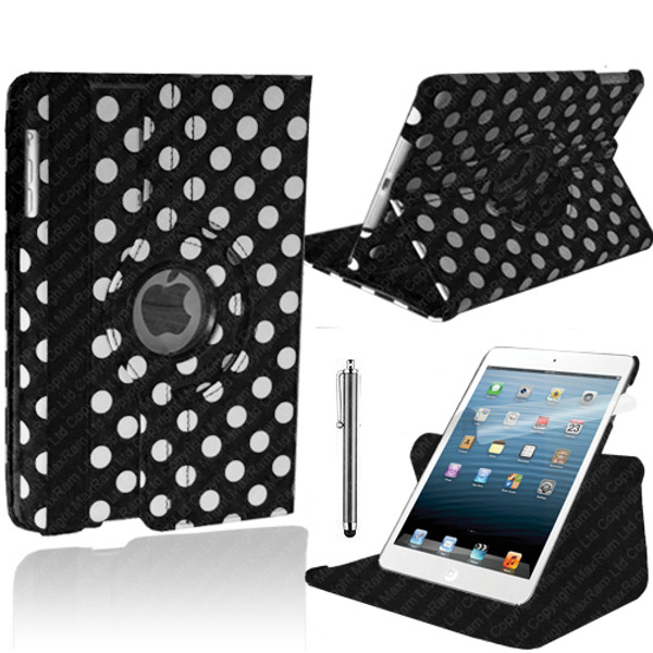 Black With White Polka Dot PU Leather 360 Rotating Case for iPad 2/3/4