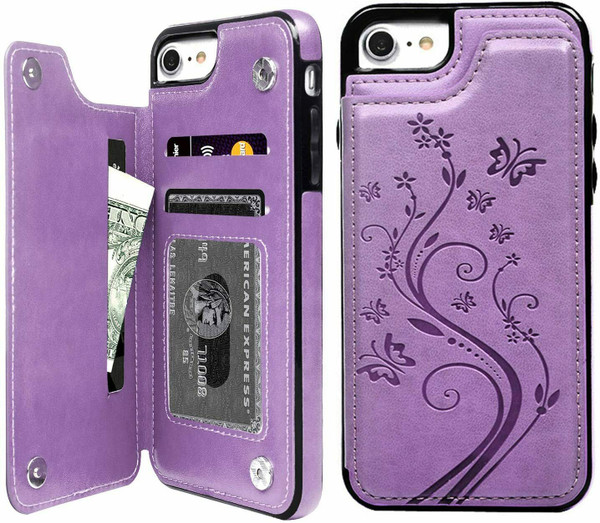 iPhone SE (2020)  purple Floral Leather Flip Wallet Card Holder Case