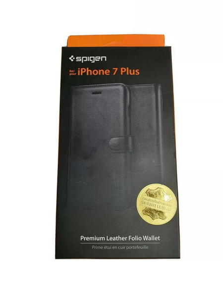 Spigen iPhone 7 Plus Premium Leather Folio Wallet Case Black - New