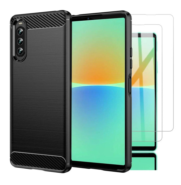 For Sony Xperia 10 IV Case Carbon Fibre Cover & Glass Screen Protector