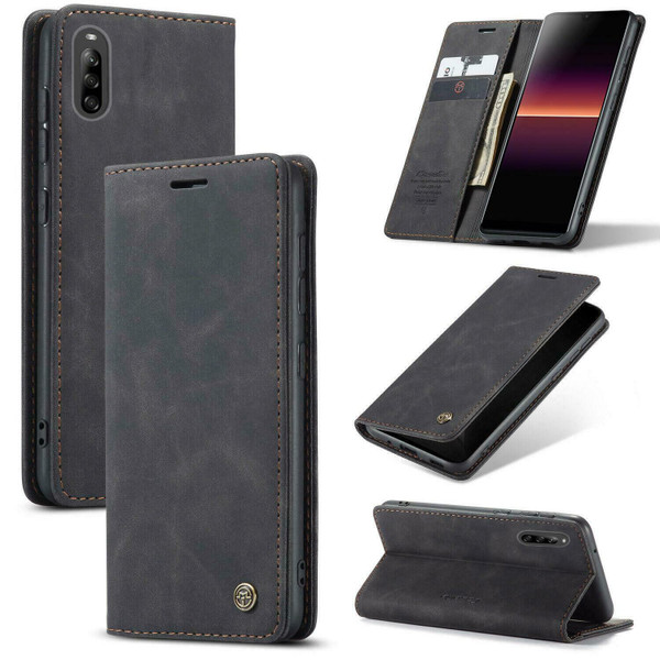 For Sony Xperia L4 1 Black Luxury Suede Leather Slim Wallet Cover