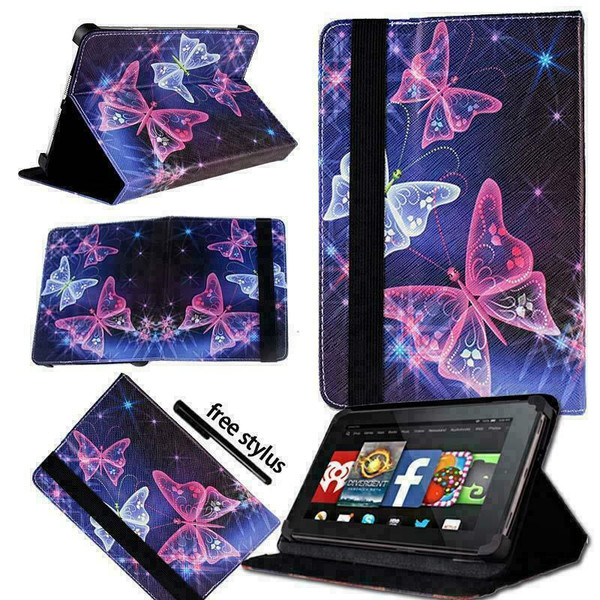 Amazon Kindle Fire HD 7 5th Gen 2015 purple butterfly  on Dark Grey  Smart Leather Stand Wallet Case