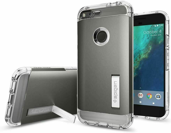 Google Pixel XL Case Spigen Hybrid Gunmetal Clear Shockproof with Kickstand